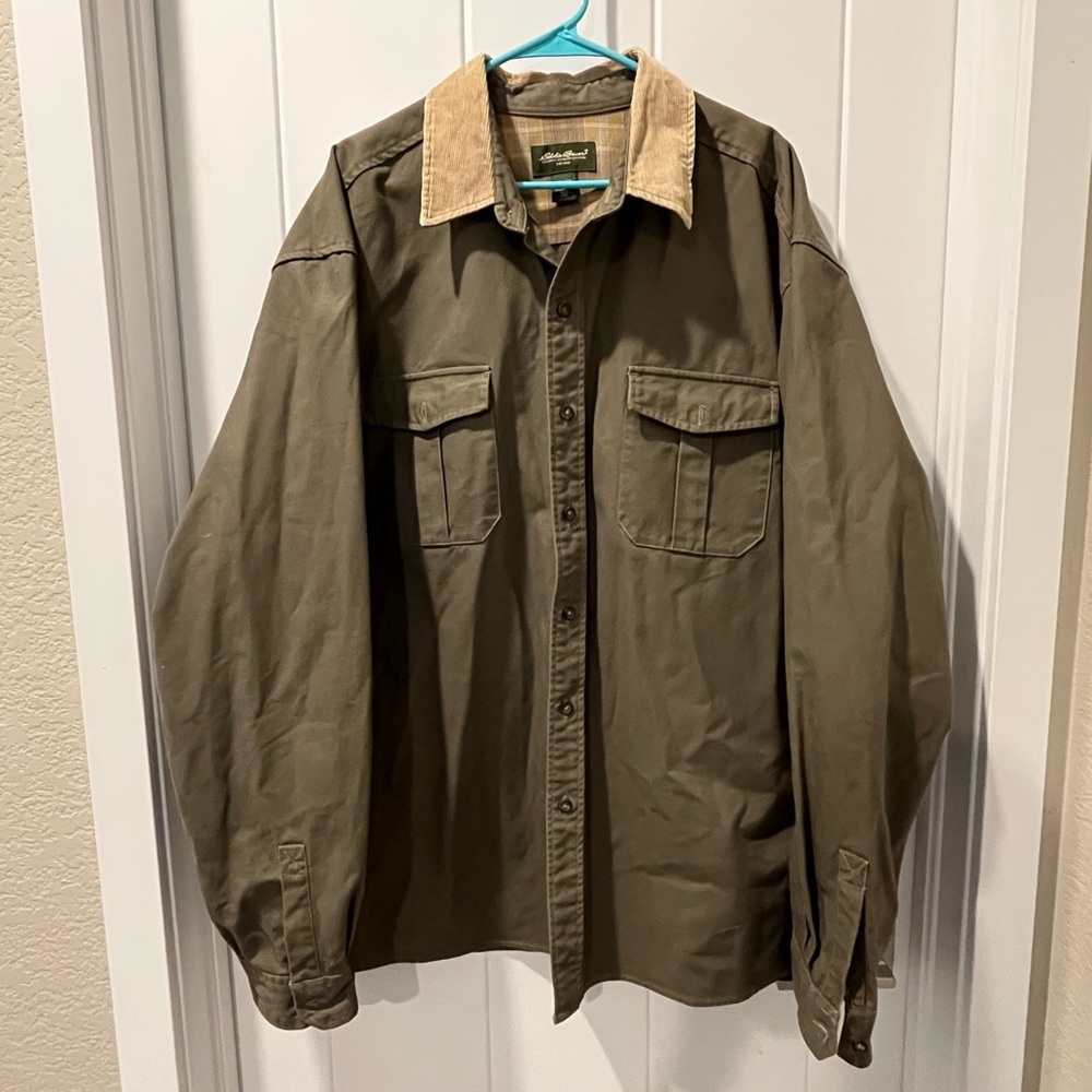 Eddie Bauer Men's Green/Khaki Shirt Jacket with Corduroy Collar